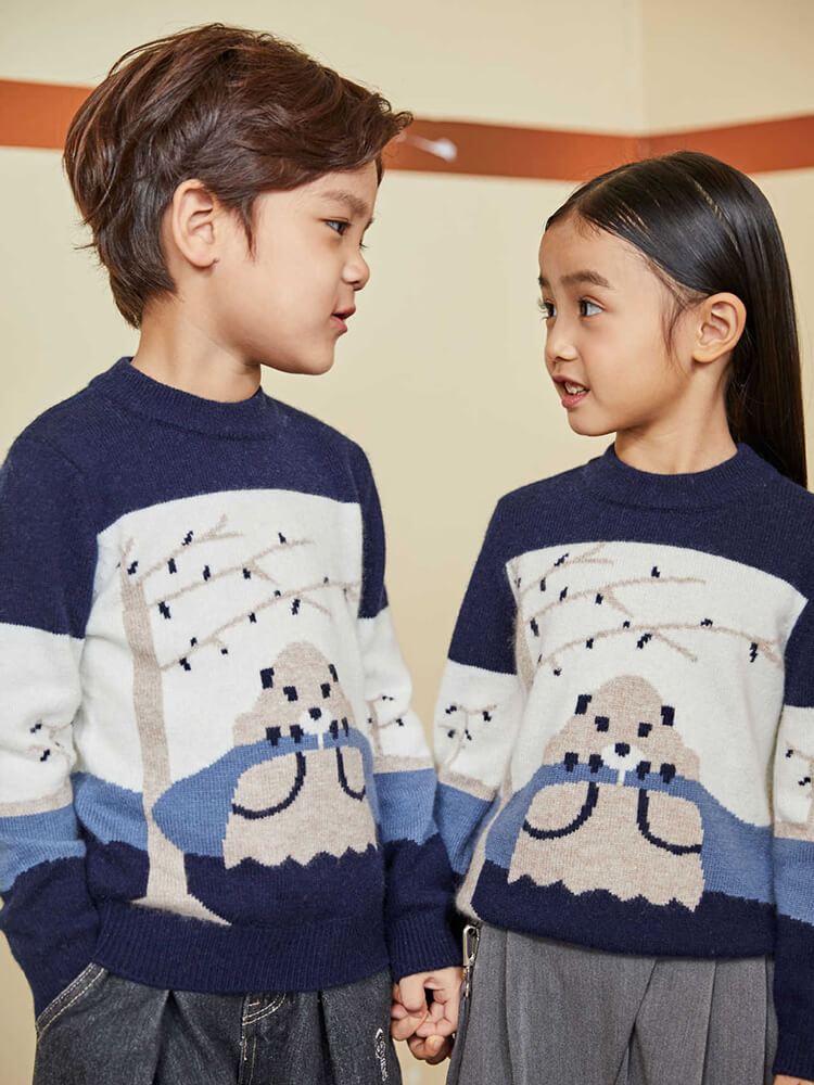 Kids Cozy Animal Otter and Tree Knit Cashmere Crewneck Pullover